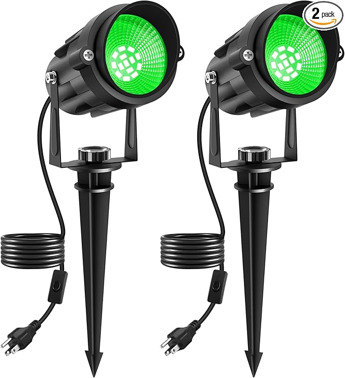 Halloween Green Landscape Lights Outdoor, 14 LED Landscape Lighting with US Plug, IP65 Waterproof Spotlights for Tree Yard Garden Pathway Christmas St. Patrick's Day Decor 2 Pack