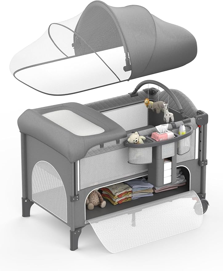 Baby Bassinet, Pack and Play, 4-height Adjustable Bedside Crib Sleeper, Diaper Changing Table with Diaper Pads, Zipper Door, Mosquito Net, Bottom Storage, and Toy Shelf for Newborn to Toddler, Grey