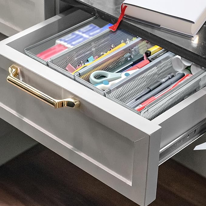 4PCS Drawer Organizer, Mesh Drawer Organizer with Interlocking Arm for Utensil, Cosmetic, Flatware, Pen (12 * 3 * 2 Inches, Grey)