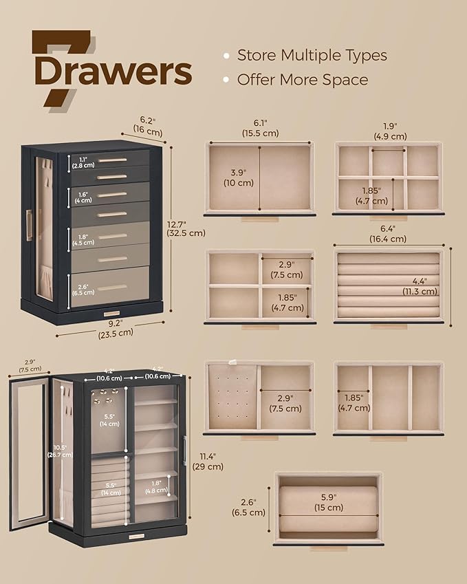 360° Rotating Jewelry Box with 7 Drawers, Spacious Vertical Jewelry Organizer with Glass Window, Jewelry Storage Case, Dustproof & Moisture-resistant Design, Black