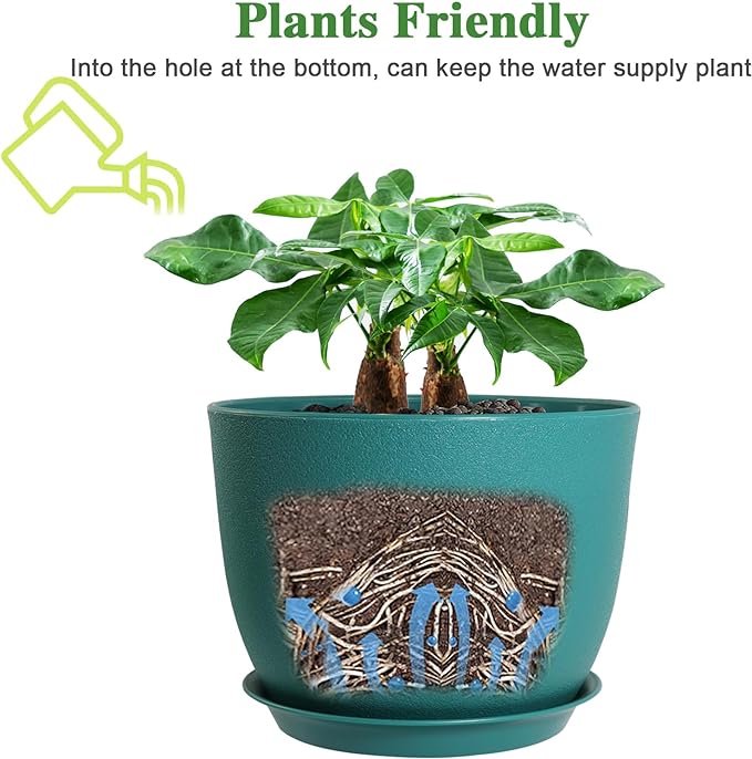 12/10/9 Large Modern Plant Pots, Plastic Planters with Drainage Holes and Saucers for Indoor Outdoor Plants Flowers, Malachite Green