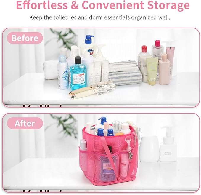 Mesh Shower Caddy Portable for College Dorm Room Essentials, Shower Tote Bag with Hanging Hook and Drawstring, Quick Dry Toiletry Bag with 6 Pockets for Bathroom, Swimming, Gym, Camping, Beach, Travel