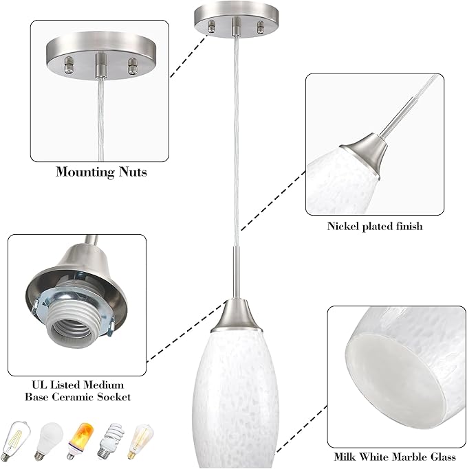 Mini Glass Pendant Light 4.72" with Handblown Milk White Marble Art Glass Hanging Light 1-Pack Oval Ceiling Hanging Light Fixture for Dining Room Kitchen Island Cafe Foyer Hallway