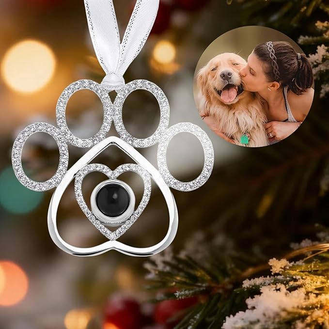 NAZENTI Personalized Christmas Tree Decoration for Pet Lover, Dog Paw Projection Photo Decoration, Personalized Projection Photo Christmas Ornament, Memorial Keepsake with Image for Family