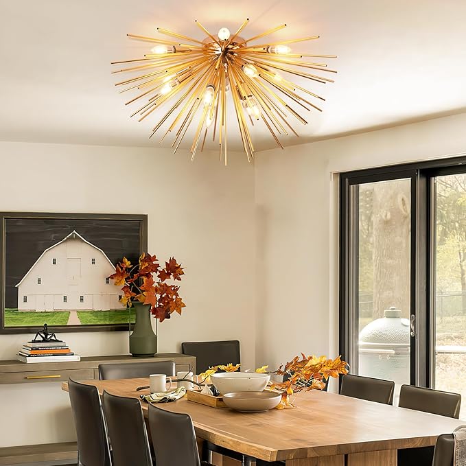 Jaycomey Sputnik Ceiling Light Fixtures, Mid-Century 12 Lights Gold Firework Ceiling Light, Modern Semi Flush Mount Ceiling Lamp for Bedroom Living Dining Room, E12, Dia 29.5 Inch