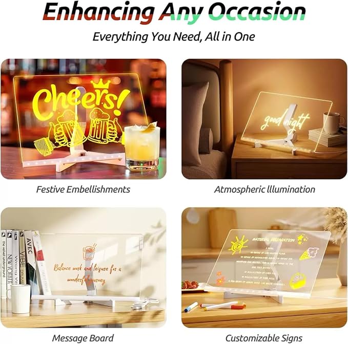 2025 New LED Note Board with Colors - Light Up Acrylic Message Board & Dry Erase Board, Led Drawing Board with Adjustable Stand and 7 Colors Pen for Office, School, Home (11.8× 7.9 inches)