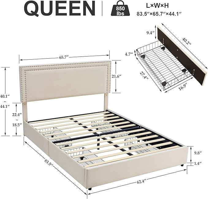 VECELO Queen Size Upholstered Bed Frame with 4 Storage Drawers, Adjustable Velvet Rivet Decor Headboard, Wooden Slats Platform Support, No Box Spring Needed, Easy Assembly