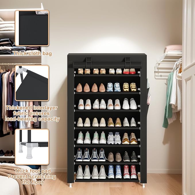 Laiensia 7-Tier Vertical Shoe Rack Organizer, Space Saving Shoe Storage Organizer, Non-Woven Cover Shoe Shelf Holds 28-35Pairs for Bedroom, Hallway, Closet Entryway, Black