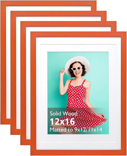 KINLINK 12x16 Picture Frame Orange, Solid Wood Frames with Acrylic Plexiglass for Pictures 11x14/9x12 with Mat or 12x16 without Mat,Wall Display Photo Frame, Set of 4