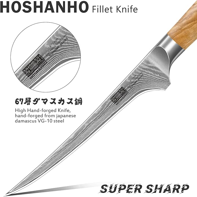 7 Inch Damascus Fillet Knife, Professional VG-10 Super Steel Japanese Boning Knife, Ultra Sharp Fish Knife with Ergonomic Olive Wood Handle