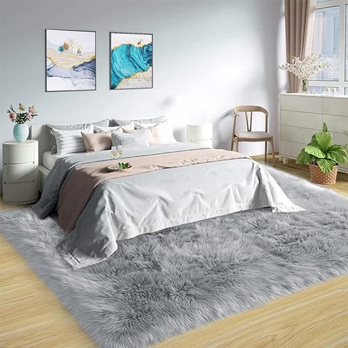 Latepis 8 x 10 Area Rugs for Living Room Grey Faux Fur Rug for Bedroom Fuzzy Washable Sheepskin Rug Fluffy Furry Rugs for Office Entertainment Room Luxury Home Décor
