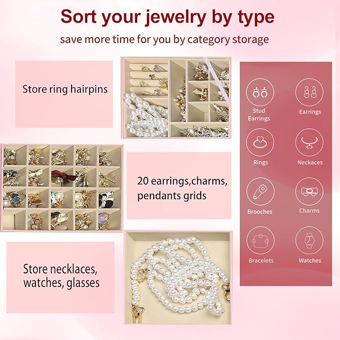 BOOVO Clear Lid Jewelry Box,3 Layers Jewelry Organizer Large Multi-Functional Jewelry Storage Box with 2 Drawers,Jewelry Display Case of Rings Earrings Necklace Bracelets for Women Girls (Pink)