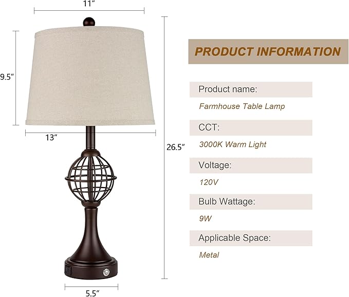 Table Lamps for Living Room Set of 2, Farmhouse Touch Lamps for Nightstand with USB A+C, 26.5" Rustic Bedside Lamp for Bedroom End Tables