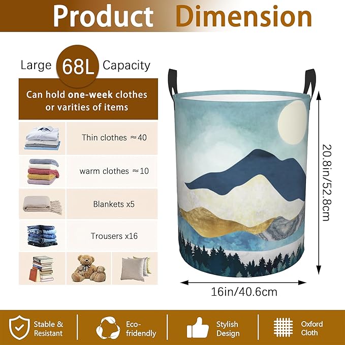 Mountains Moon Nature Scenery Laundry Basket,Waterproof Foldable Laundry Hamper,Dirty Clothes Laundry Basket, Linen Bin Storage Organizer for Toy Collection 16" x 20"