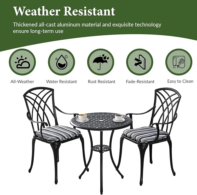 Outdoor Bistro Set 3 Piece Outdoor Bistro Table and Chairs Set Table with Umbrella Hole, Cushions, Cast Aluminum Patio Furniture for Porch, Backyard, Garden, Black