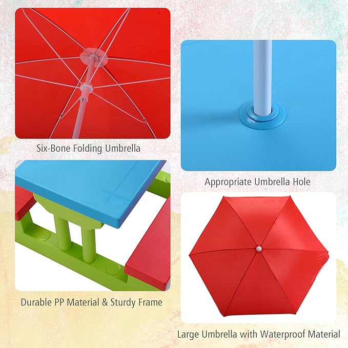 Costzon Kids Picnic Table, Indoor & Outdoor Plastic Table and Bench with Removable Umbrella, Portable Toddler Picnic Table and Chair Set for Garden, Backyard, Patio