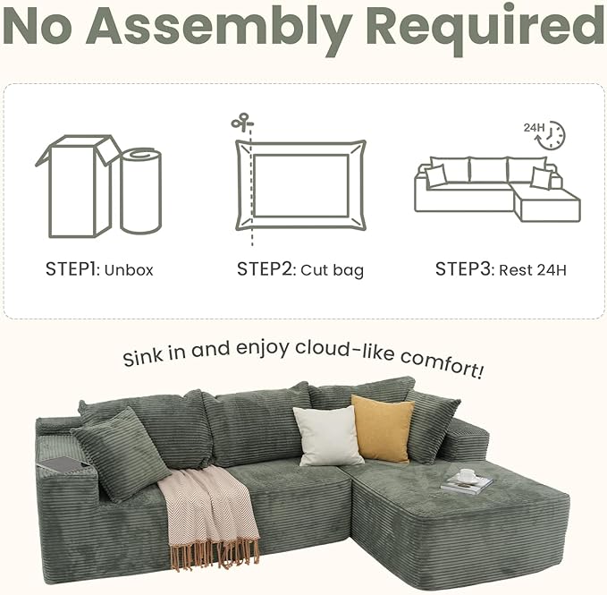 OC Orange-Casual 106.3" Cloud Sectional Couch with L-Shape Chaise,No Assembly Required Modular Sofa,Upholstered Boneless Couches for Living Room, Plush Corduroy Fabric (Green, Right Facing Chaise)