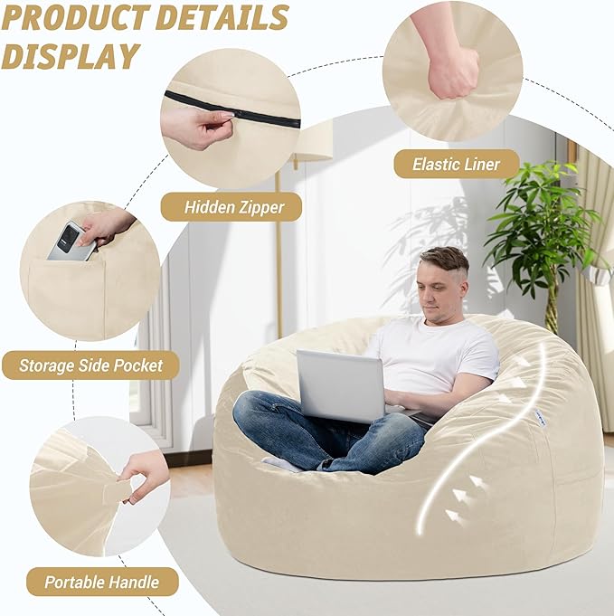 3FT Bean Bag Chair with Ultra Soft Velvet Cover Bean Bag Sofa with Memory Foam Bean Bag Chairs with Large Size Lazy Sofa for Dorm Office Living Room Bedroom Khaki 3'