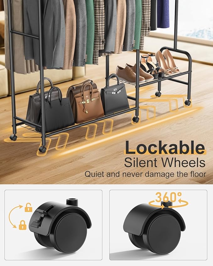 3-In-1 Clothes Racks For Hanging Clothes with Coat Rack, Heavy Duty Clothing Rack with Shelves Load 620Lbs, Portable Garment Racks with Lockable Wheels, Multi-Functional Closet Rack For Bedroom