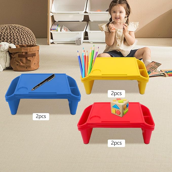 Set of 6 Kids Lap Desk Tray, Portable Activity Table, Plastic, Stackable for Drawing, Writing, Eating, Classroom, 19.69" L x 9.84" W x 7.09" H (Red, Blue, Yellow)
