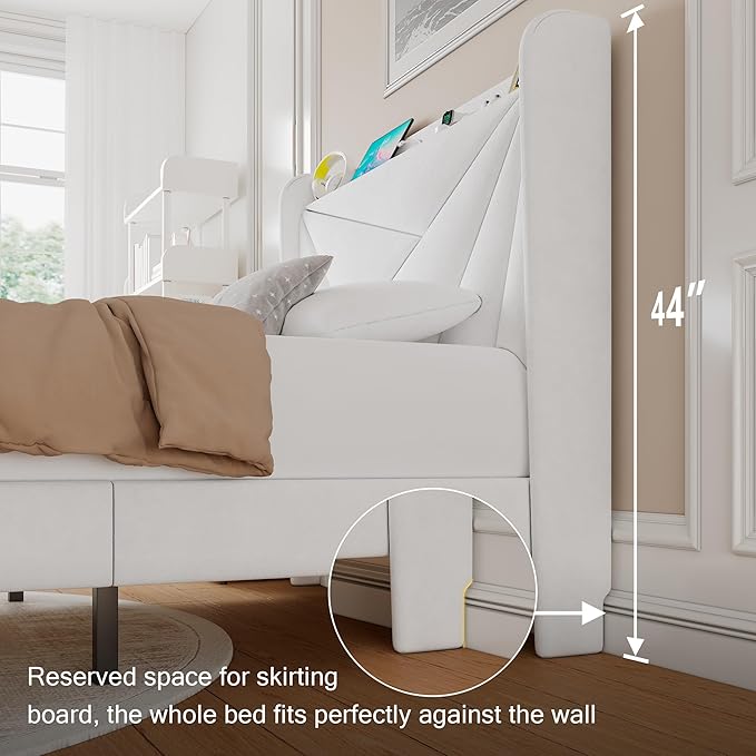 Twin Size Upholstered Bed Frame with Charging Station, Platform Bed Frame with Storage Headboard, Solid Wood Slats Support, No Box Spring Needed, White