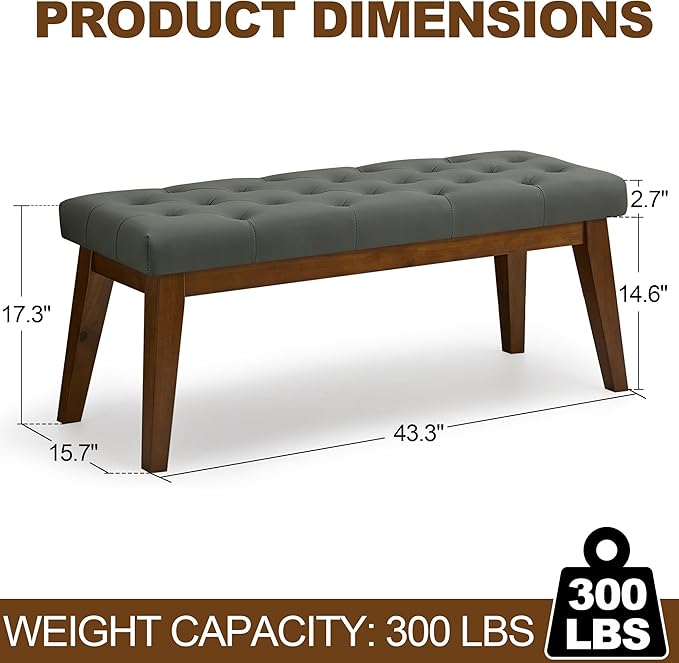43.5'' Faux Leather Bedroom Bench, Upholstered End of Bed Bench with Tufted Button, Padded Vintage Dining Bench, Entryway Bench with Solid Wood Legs, Kitchen, Living Room, Hallway, Dark Grey Tufted