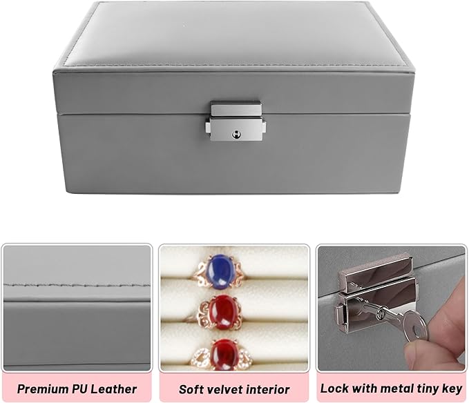 Homeanda Jewelry box 2 layer Jewelry box Leather Jewelry boxes for Women Girls Teens Jewelry organizer box Jewelry Storage box with lock(Grey)