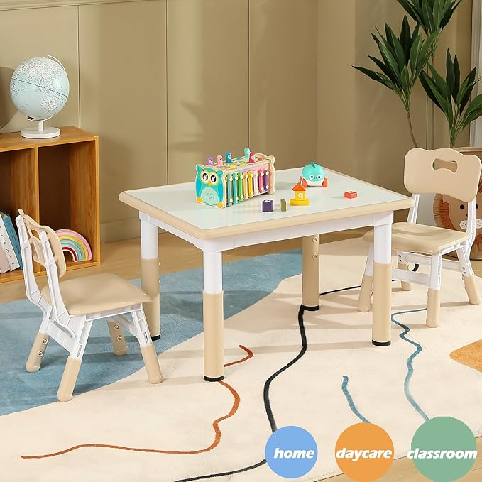 Kids Table and 2 Chair Set, Toddler Table and Chair Set Height Adjustable, 31.5''L x 23.6''W Multifunctional Kids Table for Reading, Drawing, Eating, for Ages 2-10, White Board + Beige