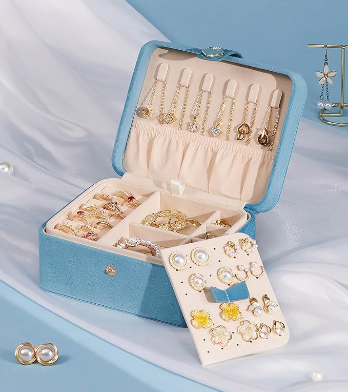 Homde Jewelry Box Small for Women: Ring Earring Organizer Storage for Dresser - Necklace Bracelets Holder with Multi Compartments(Light Blue)
