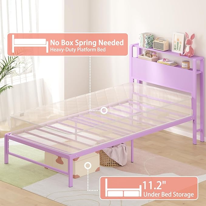 Weehom Twin Bed Frames for Kids with 2 Tiers Wood Storage Shelves Headboard, Twin Size Bed No Box Spring Needed Under Bed Storage Space Metal Platform for Girls and Adults, Purple
