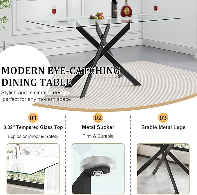 Modern Glass Dining Table Set for 4, Black Glass Kitchen Table and Chairs Set of 4, 5 Piece Dining Room Table Set with 61" Rectangular Metal Glass Dinner Table and 4 White Leather Dining Chairs