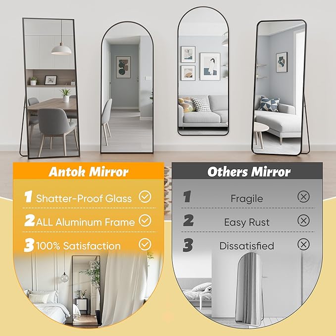 Antok Mirror Full Length, 61"x18" Big Floor Mirror, Oversized Full Body Mirrors with Stand for Bedroom, Living Room Cloakroom, Black, Rect Corner Style