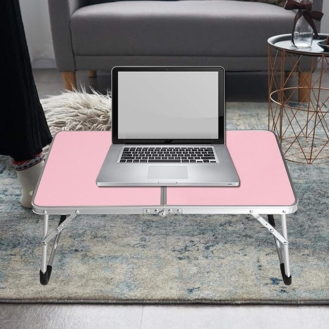 Foldable Laptop Table, Bed Desk, Breakfast Serving Bed Tray, Portable Mini Picnic Table & Ultra Lightweight, Folds in Half with Inner Storage Space (Pink)