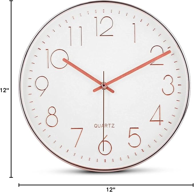 Bernhard Products Rose Gold Wall Clock 12 Inch Silent Non-Ticking Quality Quartz Battery Operated Easy to Read Decorative Modern Design for Home/Office/Kitchen/Bedroom/Living Room (Rose Gold)