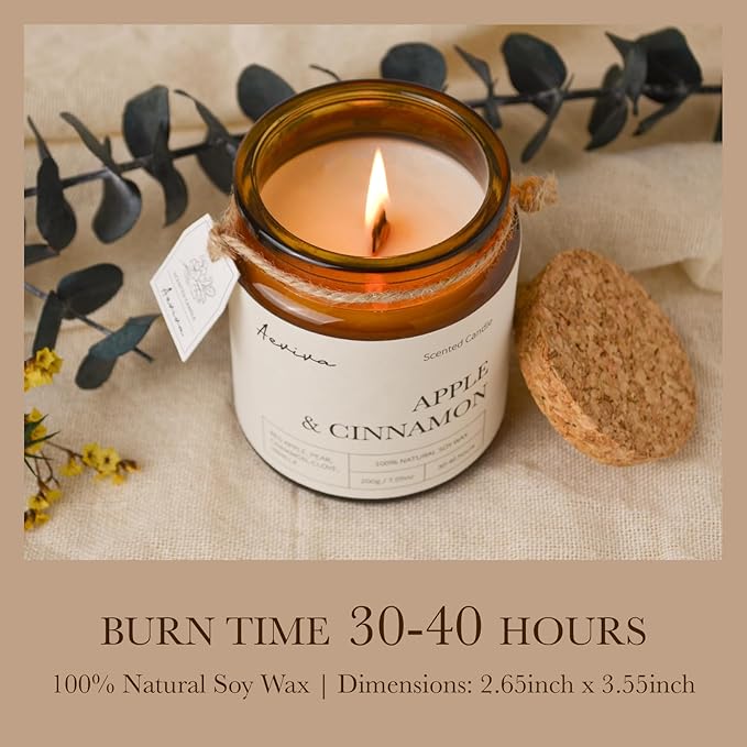 Scented Candle, 7.05 oz Apple & Cinnamon Aromatherapy Candle, Natural Soy Wax with Wooden Wick, Candles for Home Scented, Stress Relief Amber Jar Candle Gifts
