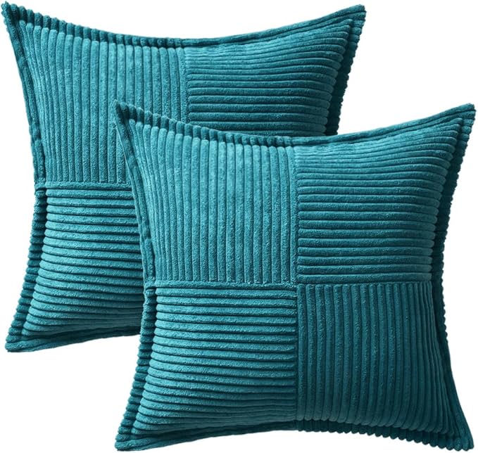 MIULEE Decorative Throw Pillow Covers for Couch Bed Livingroom 16x16 Inch Set of 2 Teal Blue Boho Accent Throw Pllows Broadside Striped Patchwork Soft Corduroy Summer Coastal Pillowcases