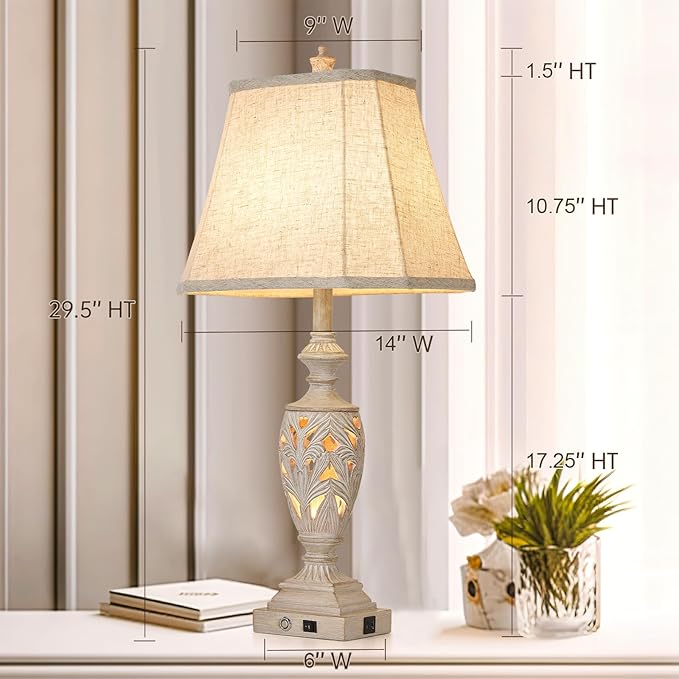29.5"H Touch Control Traditional Table Lamp Set of 2,Vintage Bedside Lamp Nightstand Lamps with Dual USB Ports,3-Way Dimmable Hollow Out Leafwork White Washed Finish Desk Lamps for Living Room,Bedroom