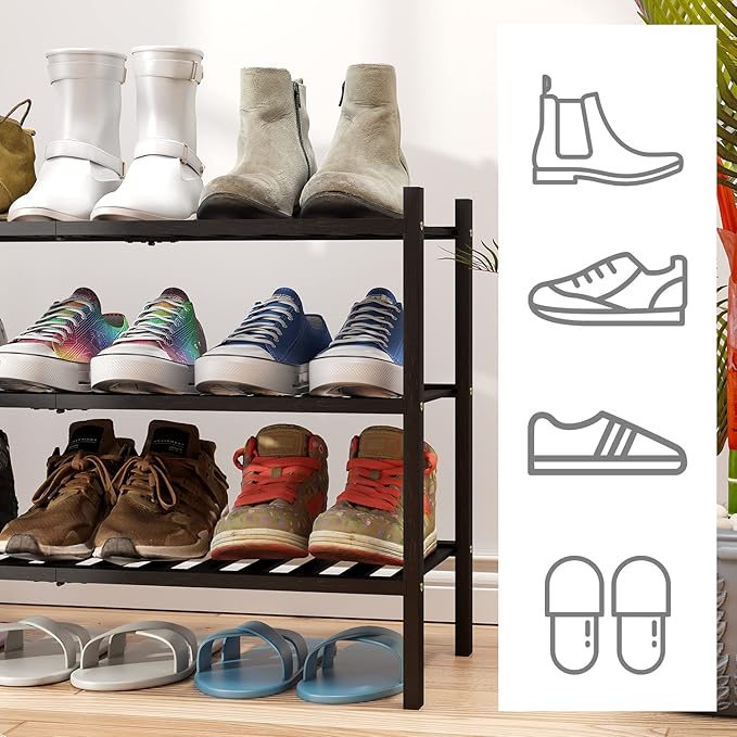 3-Tier Black Bamboo Shoe Rack for Entryway, Stackable | Foldable | Natural, Shoe Shelf Storage Organizer for Hallway Closet, Free Standing Shoe Racks for Indoor Outdoor