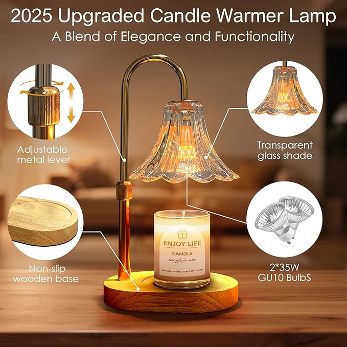 Candle Warmer Lamp with Timer: Birthday Gifts for Women Mom, Adjustable Height, 3 Timing Mode, 4 Level Dimmable Flower Candle Wax Melt Warmer with 2 Bulbs for Jar Candle House Warming Gifts Fall Decor