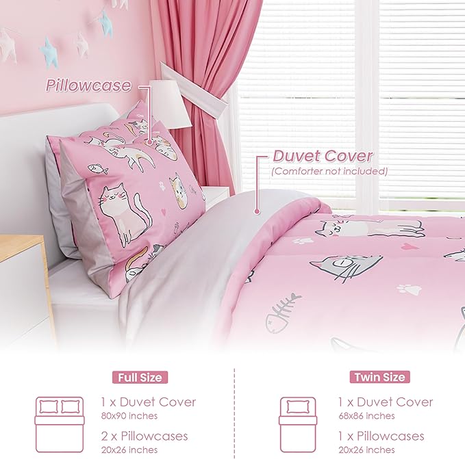 Cat Duvet Cover Sets Full Size for Kids Girls, Incude 1 Polyester Comforter Cover 80x90 Inches and 2 Pillowcases 20x26 Inches, Comforter Not Included, Gift for Christmas Birthday