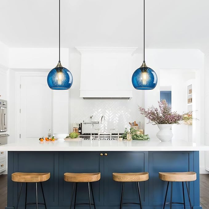 Blue Glass Pendant Lights Kitchen Island Lighting Globe Pendant Light Fixtures Modern Pendant Lighting for Kitchen Island Bedroom Living Dining Room Light Fixture(5.9in, 3-Pack)