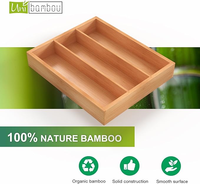 Bamboo Utensil Drawer Organizer, Silverware Tray Organizer, Kitchen Drawer Organizer for Flatware Cutlery, (Natural, 3 Slots)