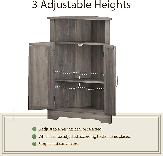 Smuxee Bathroom Corner Storage Cabinet, Farmhouse Floor Corner Cabinet with Barn Door and Adjustable Shelf, Wash Grey Narrow Cabinet Organizer for Bathroom, Living Room, Kitchen