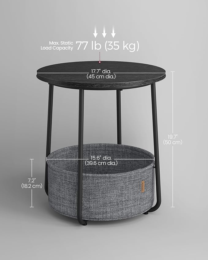 VASAGLE Small Round Side End Table, Modern Nightstand with Fabric Basket, Ebony Black and Slate Gray ULET223B01