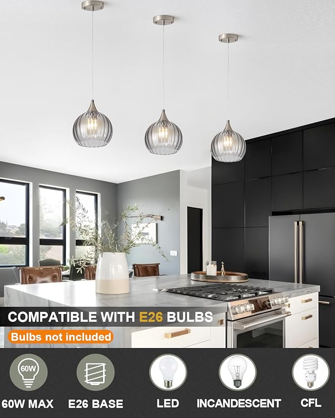 Brushed Nickel Pendant Lights Kitchen Island, Globe Pendant Light Fixtures with 8 Inch Clear Glass Shade, Modern Hanging Light Fixtures for Kitchen, Bedroom (2 Pack - Gray Glass Pendant Light)