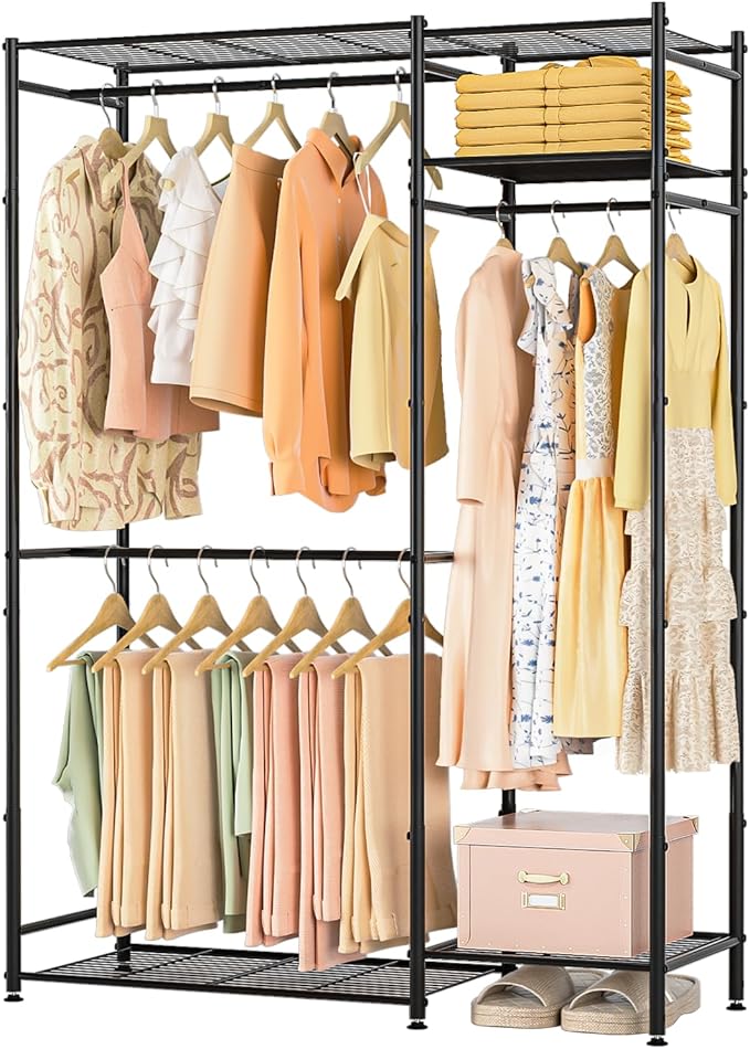 Portable Closets for Hanging Clothes, Freestanding Clothing Rack with 3 Hang Rods & 5 Shelves, Metal Wardrobe Garment Rack for Bedrooms Entrances