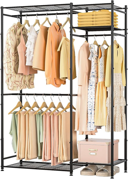 Portable Closets for Hanging Clothes, Freestanding Clothing Rack with 3 Hang Rods & 5 Shelves, Metal Wardrobe Garment Rack for Bedrooms Entrances