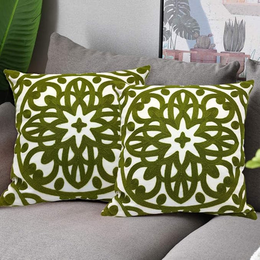 Alysheer Embroidered Decorative Throw Pillow Covers 18"x18" Set of 2 Pieces, Chic Boho Mandala Knit Pattern, Durable 100% Cotton Canvas Cushion Cases for Sofa Couch Living Room(Olive Green)