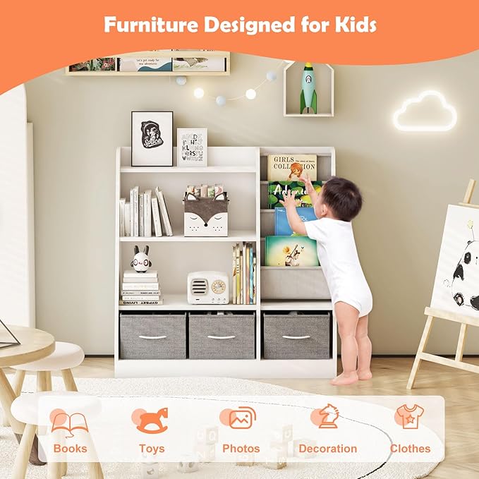 White Kids Bookshelf Wood Toy Storage Organizer Cabinet Children Bookcase Toddler Baby Sling Book Rack 3 Cube Bins Fabric Drawers for Playroom Bedroom Nursery School
