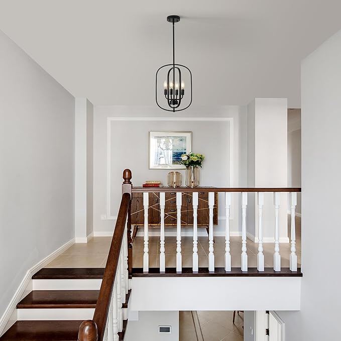 Small Modern Black Chandelier for Foyer, 4 Light Industrial Entryway Lighting Fixtures,Farmhouse Pendant Light for Kitchen Island Stairway Hallway Dining Room